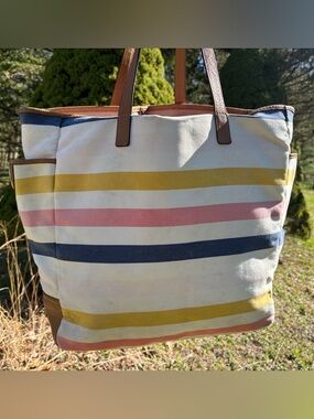Coach Hadley Canvas Leather Tote Bag Striped Multicolor